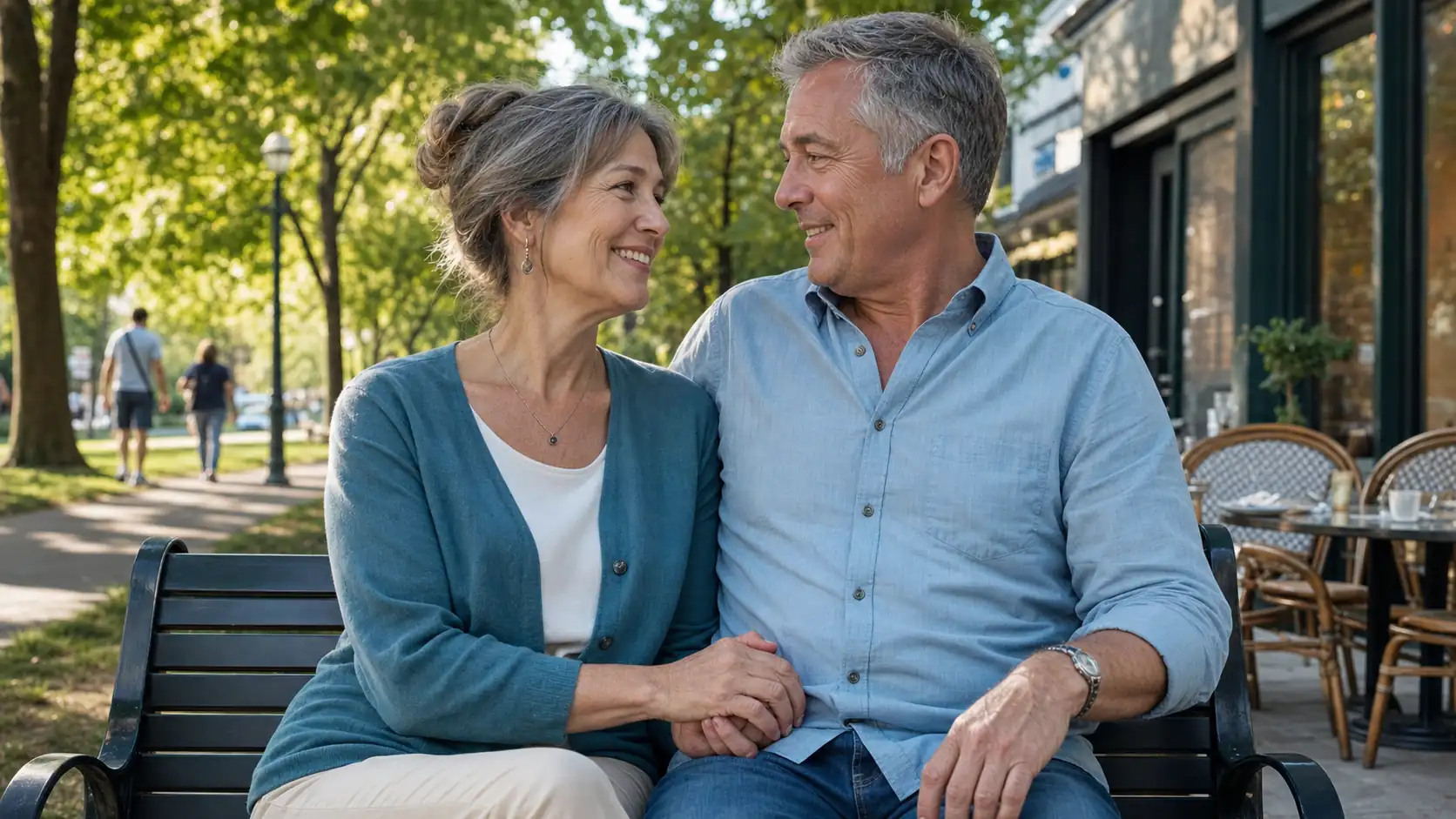 A senior couple sharing a relaxed moment after a local café date