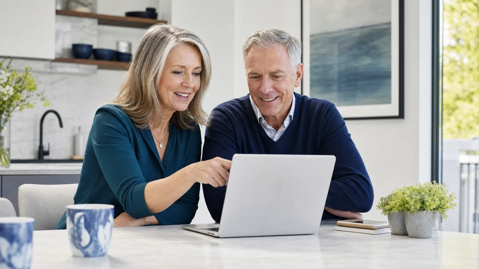 Two older adults reviewing an online dating profile together